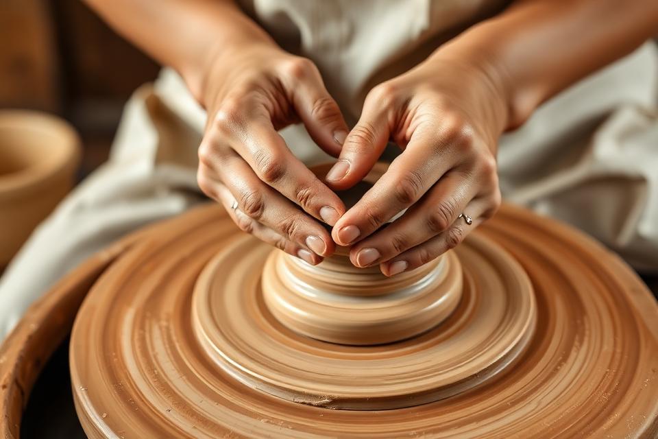 Mains d'artisan céramiste au tour