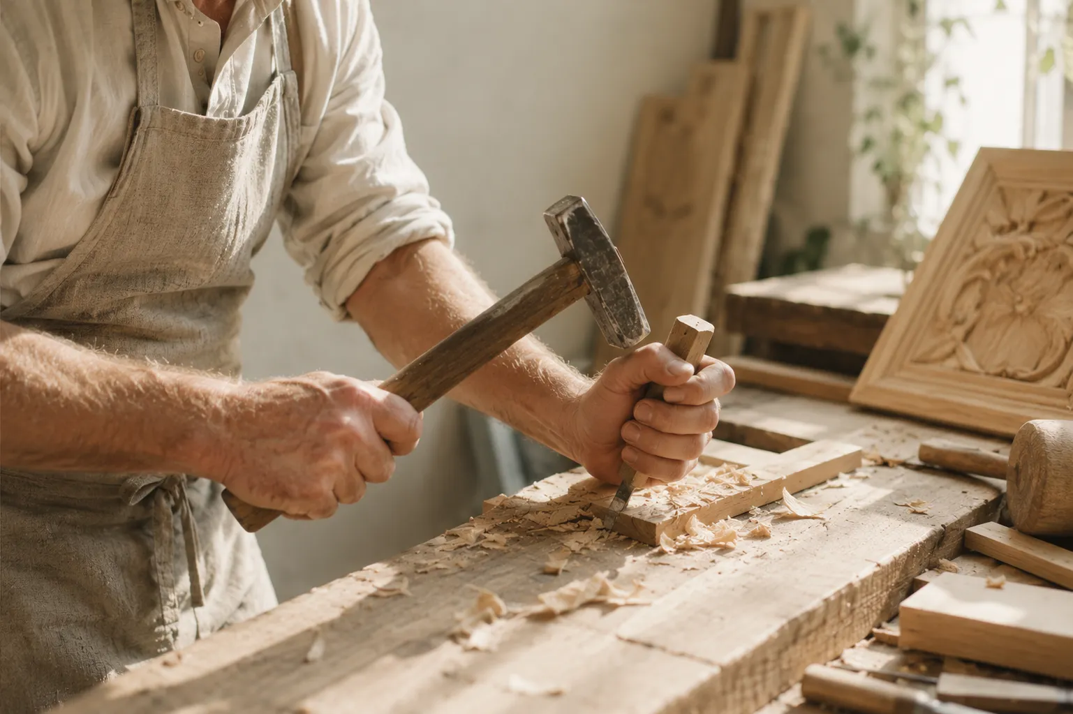Artisan au travail dans son atelier de création, mains à l'ouvrage