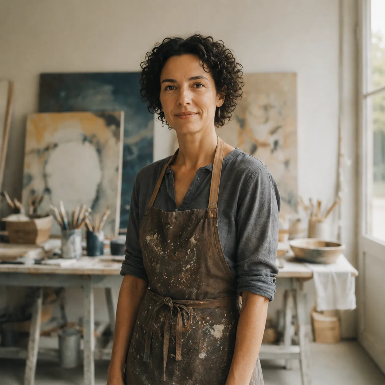 Artisane créatrice dans son atelier de céramique et peinture, tablier de travail