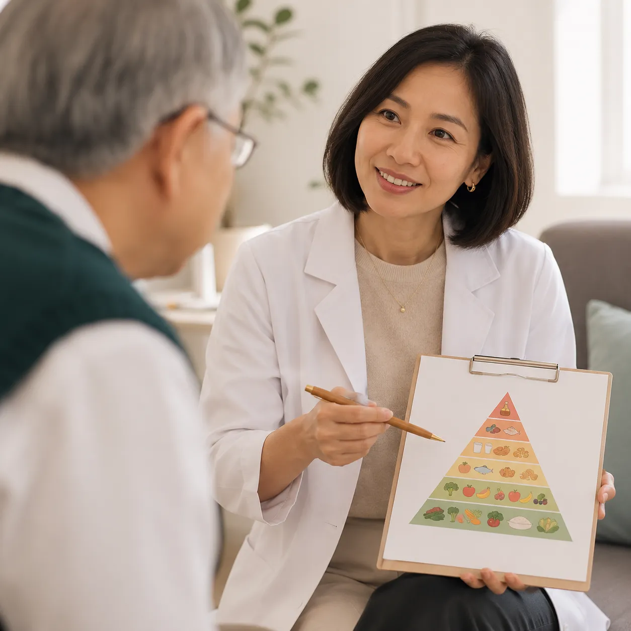 Nutritionniste en consultation dans un cabinet lumineux et rassurant