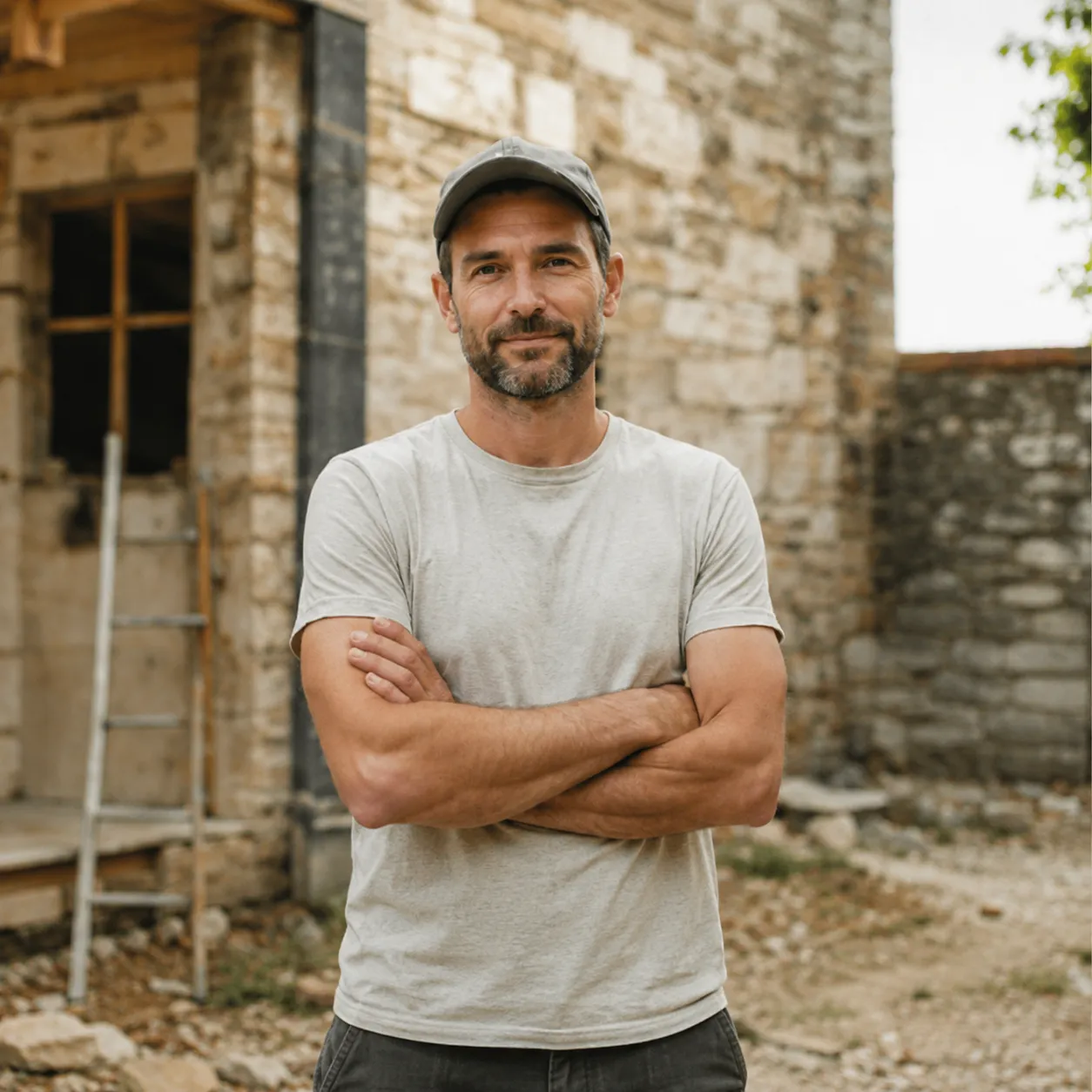 Artisan du bâtiment devant un chantier de rénovation, bras croisés